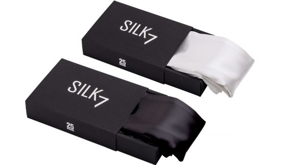 black and white mulberry silk pillowcase in sleek black box packaging
