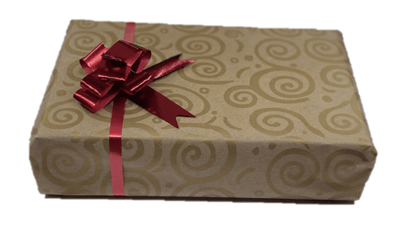 gold gift wrap and red bow present